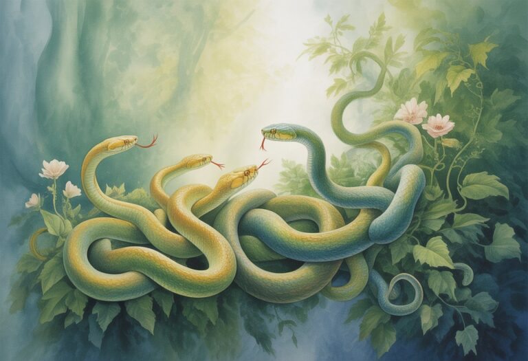 Várias cobras vivas entre folhagens verdes em uma floresta tranquila com luz suave filtrando pelas folhas.