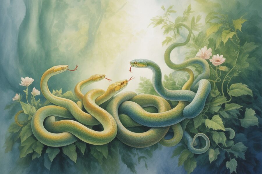 Várias cobras vivas entre folhagens verdes em uma floresta tranquila com luz suave filtrando pelas folhas.