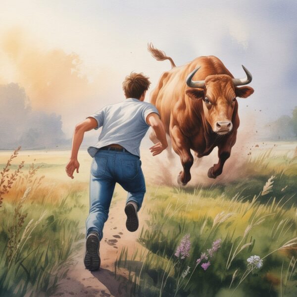 Pessoa correndo em um campo aberto enquanto um boi grande a persegue de perto.