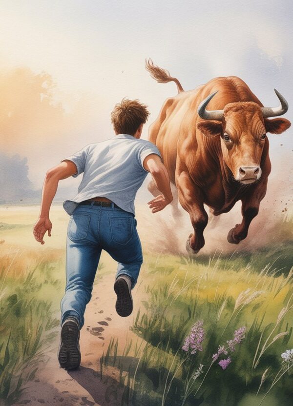 Pessoa correndo em um campo aberto enquanto um boi grande a persegue de perto.