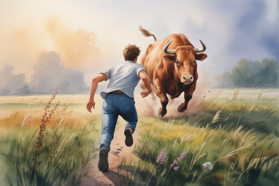 Pessoa correndo em um campo aberto enquanto um boi grande a persegue de perto.