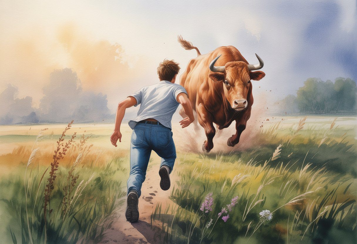 Pessoa correndo em um campo aberto enquanto um boi grande a persegue de perto.