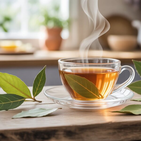 Uma xícara de chá com folhas de louro frescas em uma mesa rústica, com luz suave e ambiente acolhedor.