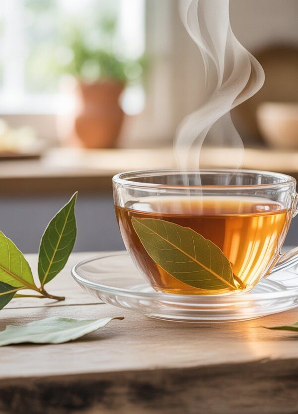 Uma xícara de chá com folhas de louro frescas em uma mesa rústica, com luz suave e ambiente acolhedor.