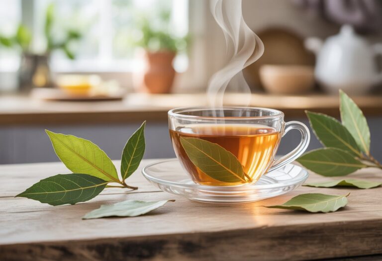 Uma xícara de chá com folhas de louro frescas em uma mesa rústica, com luz suave e ambiente acolhedor.