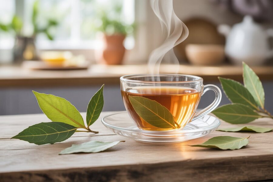 Uma xícara de chá com folhas de louro frescas em uma mesa rústica, com luz suave e ambiente acolhedor.