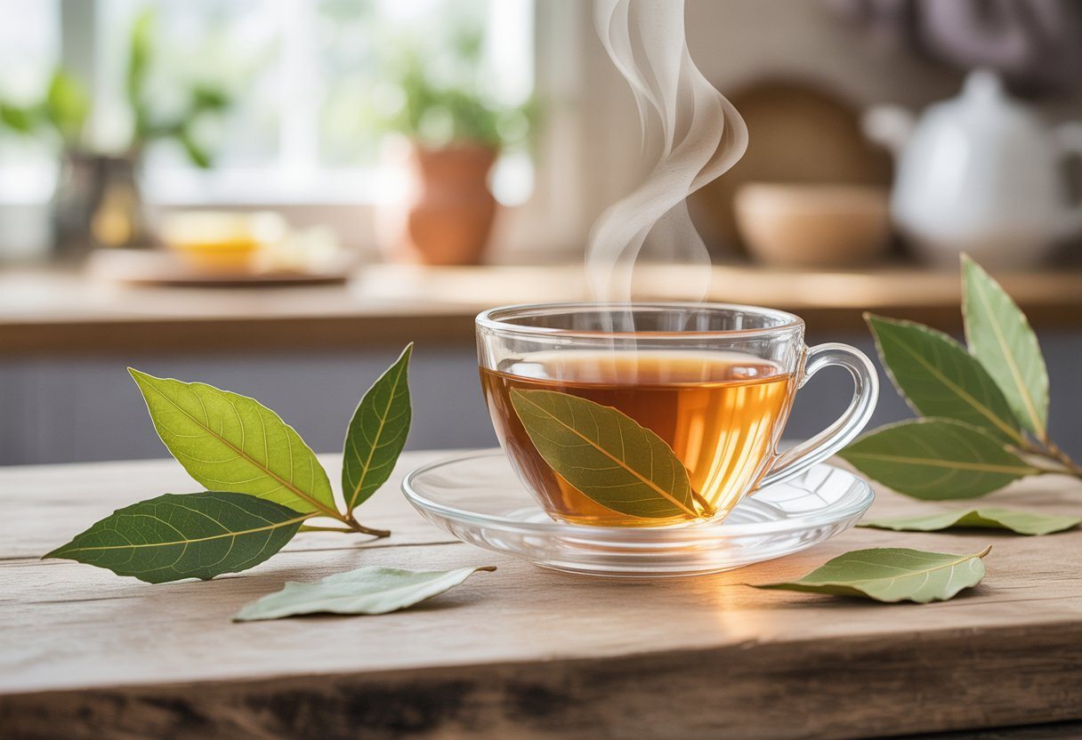 Uma xícara de chá com folhas de louro frescas em uma mesa rústica, com luz suave e ambiente acolhedor.