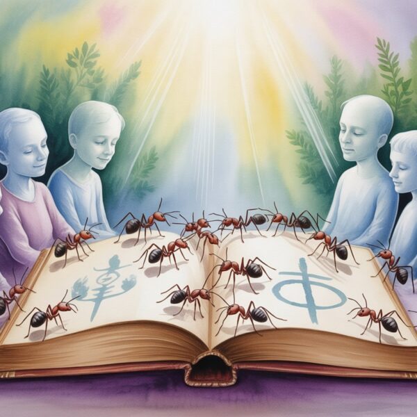 Livro aberto com símbolos espirituais, cercado por formigas e figuras espirituais transparentes em um ambiente tranquilo e iluminado.
