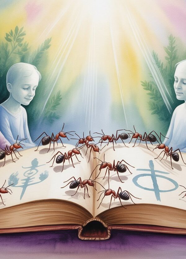 Livro aberto com símbolos espirituais, cercado por formigas e figuras espirituais transparentes em um ambiente tranquilo e iluminado.