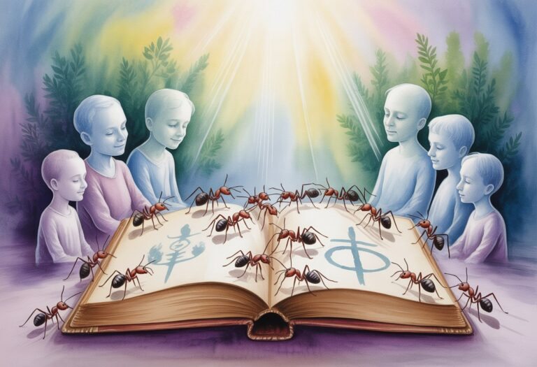 Livro aberto com símbolos espirituais, cercado por formigas e figuras espirituais transparentes em um ambiente tranquilo e iluminado.