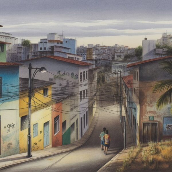 Rua estreita e movimentada em Salvador com prédios coloridos e desgastados, pessoas caminhando com cautela sob luzes fracas e céu nublado.