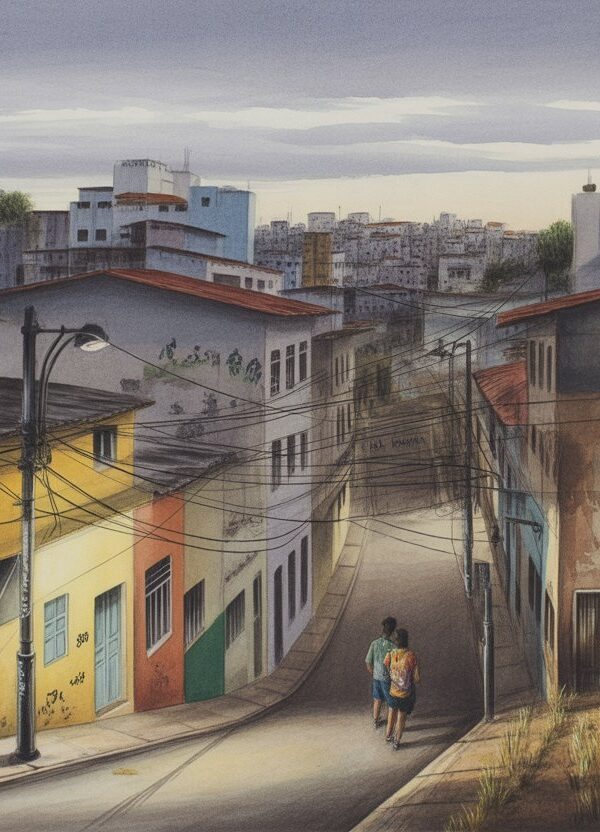 Rua estreita e movimentada em Salvador com prédios coloridos e desgastados, pessoas caminhando com cautela sob luzes fracas e céu nublado.