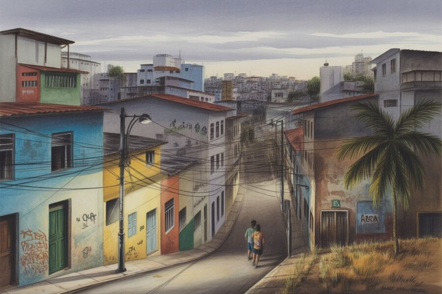 Rua estreita e movimentada em Salvador com prédios coloridos e desgastados, pessoas caminhando com cautela sob luzes fracas e céu nublado.