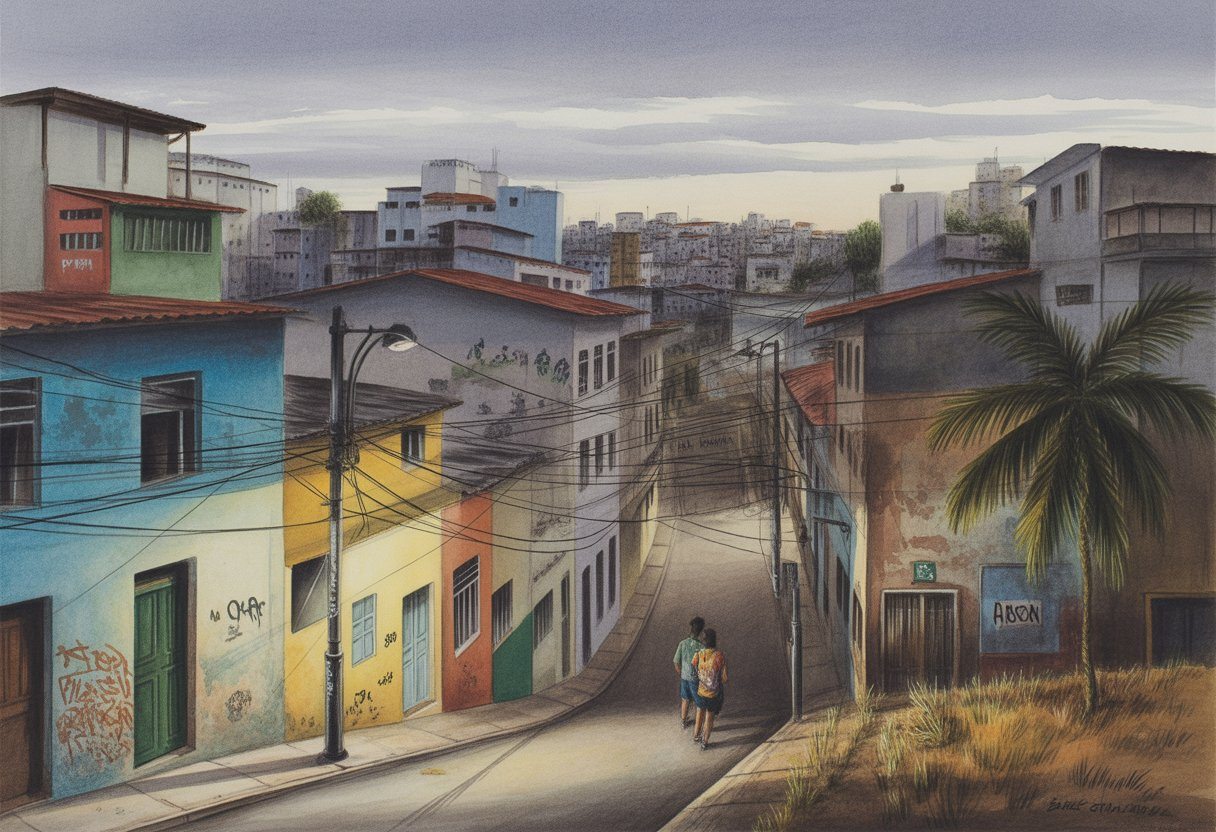 Rua estreita e movimentada em Salvador com prédios coloridos e desgastados, pessoas caminhando com cautela sob luzes fracas e céu nublado.