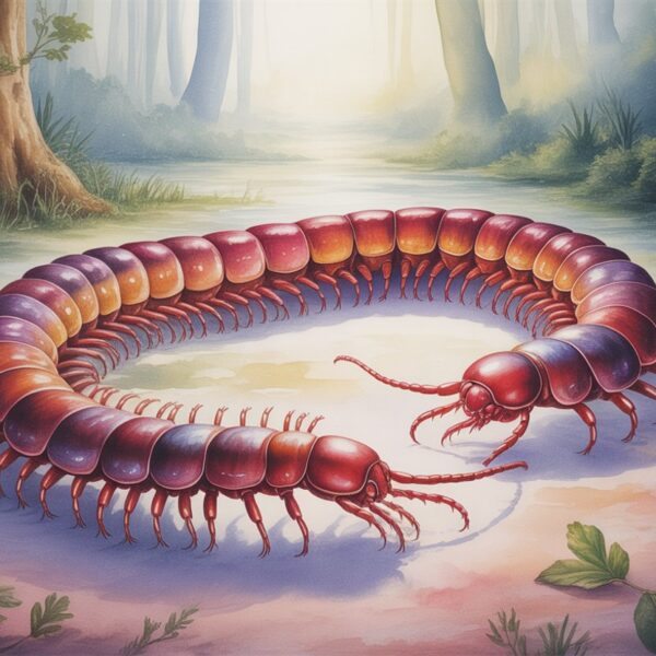 Uma lacraia grande e colorida se move sobre o chão de uma floresta com árvores ao fundo e névoa suave ao redor.