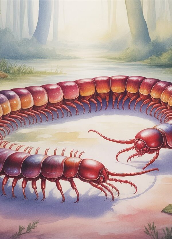 Uma lacraia grande e colorida se move sobre o chão de uma floresta com árvores ao fundo e névoa suave ao redor.