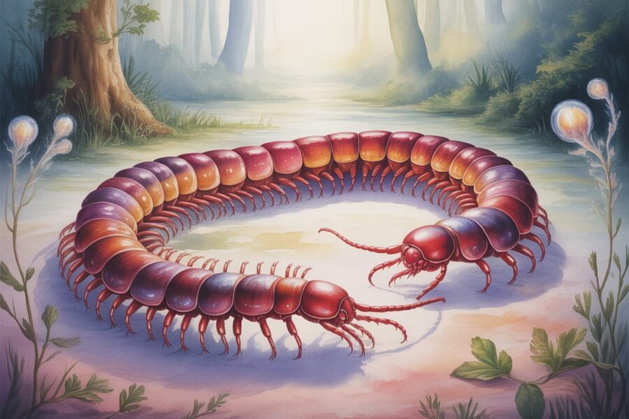 Uma lacraia grande e colorida se move sobre o chão de uma floresta com árvores ao fundo e névoa suave ao redor.