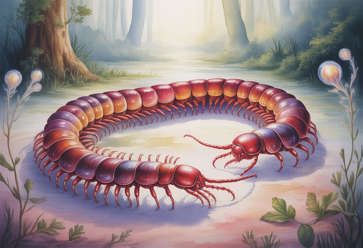 Uma lacraia grande e colorida se move sobre o chão de uma floresta com árvores ao fundo e névoa suave ao redor.