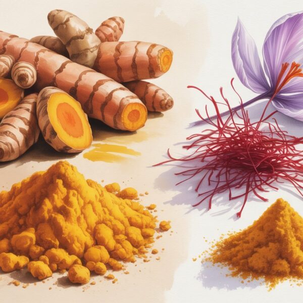 Raízes e pó de cúrcuma ao lado de fios e pó de açafrão, com folhas e flores das plantas ao redor.