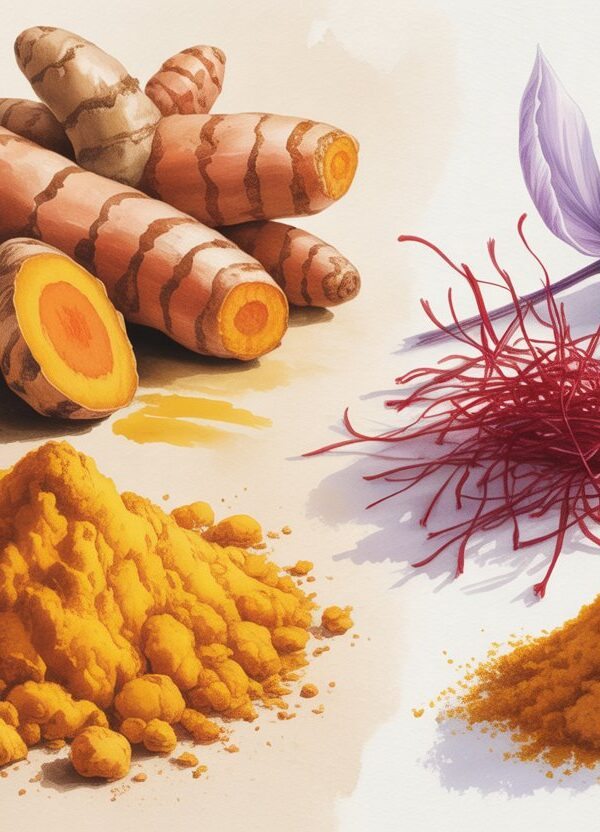 Raízes e pó de cúrcuma ao lado de fios e pó de açafrão, com folhas e flores das plantas ao redor.