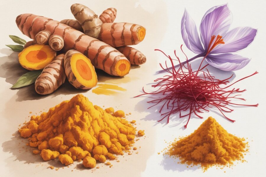 Raízes e pó de cúrcuma ao lado de fios e pó de açafrão, com folhas e flores das plantas ao redor.