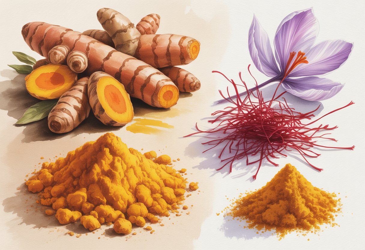 Raízes e pó de cúrcuma ao lado de fios e pó de açafrão, com folhas e flores das plantas ao redor.