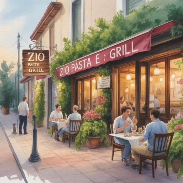 Cena de um restaurante italiano aconchegante com mesas na calçada, luzes quentes e plantas ao redor durante o entardecer.