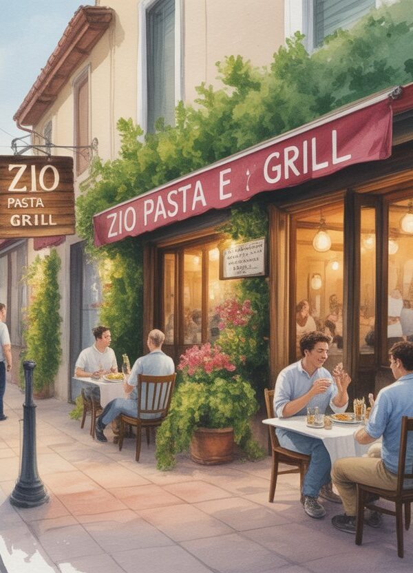 Cena de um restaurante italiano aconchegante com mesas na calçada, luzes quentes e plantas ao redor durante o entardecer.