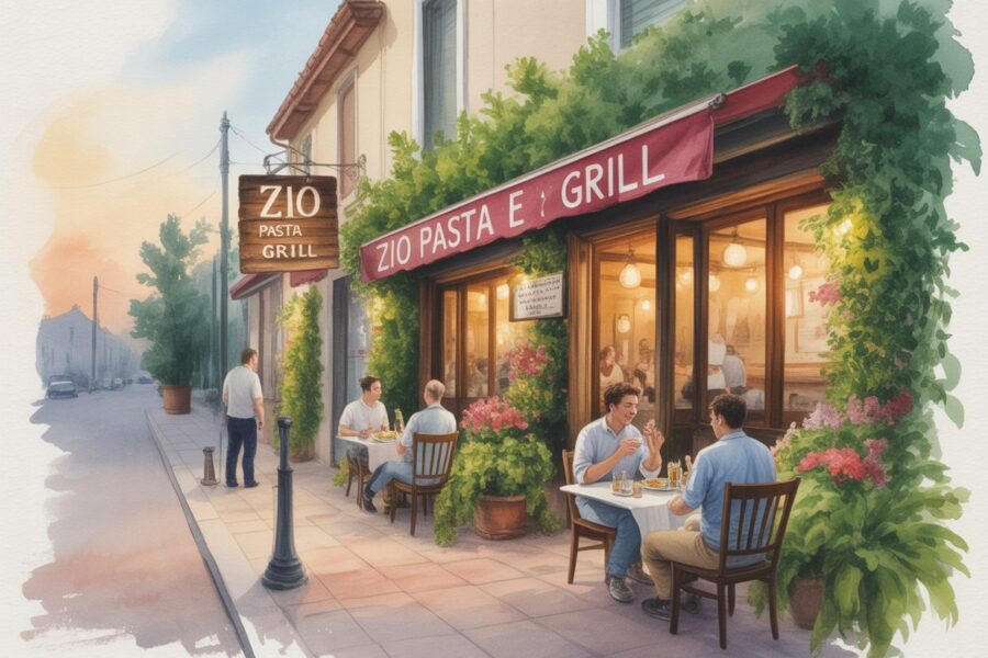 Cena de um restaurante italiano aconchegante com mesas na calçada, luzes quentes e plantas ao redor durante o entardecer.