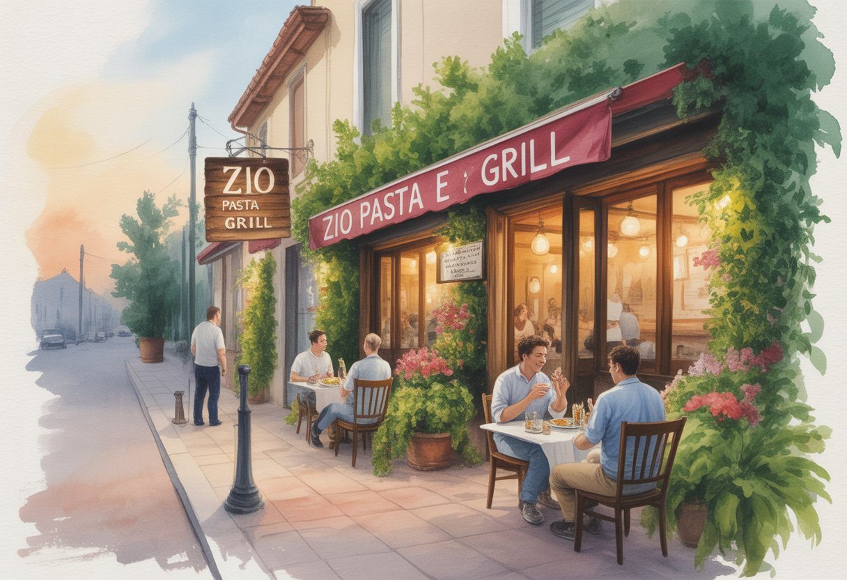 Cena de um restaurante italiano aconchegante com mesas na calçada, luzes quentes e plantas ao redor durante o entardecer.