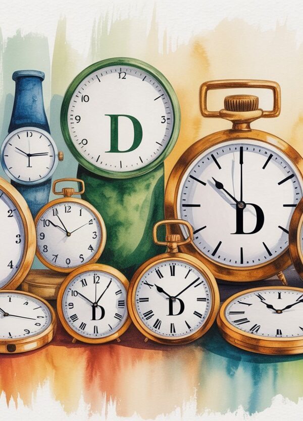 Vários relógios diferentes dispostos juntos, mostrando diferentes horários em um fundo suave e colorido.