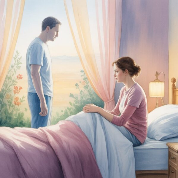 Mulher sentada na beira da cama olhando para a figura translúcida de um homem em um quarto iluminado pela luz suave da manhã, com uma foto de uma criança sobre a mesa ao lado.