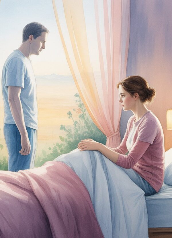 Mulher sentada na beira da cama olhando para a figura translúcida de um homem em um quarto iluminado pela luz suave da manhã, com uma foto de uma criança sobre a mesa ao lado.