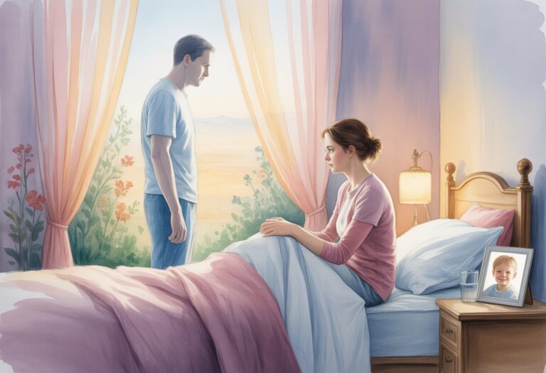 Mulher sentada na beira da cama olhando para a figura translúcida de um homem em um quarto iluminado pela luz suave da manhã, com uma foto de uma criança sobre a mesa ao lado.