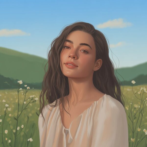 Retrato de uma mulher jovem em um campo florido sob um céu azul com nuvens, vestindo um vestido leve e esvoaçante.