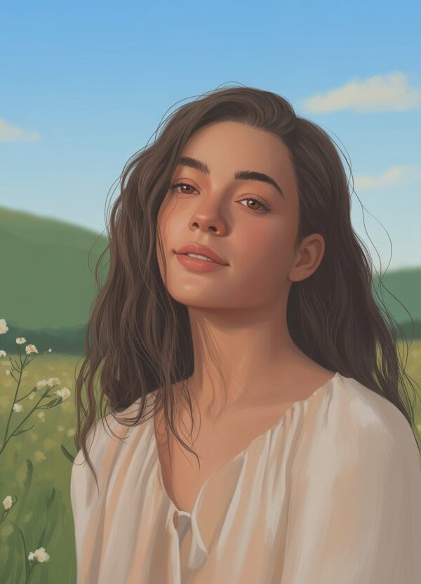 Retrato de uma mulher jovem em um campo florido sob um céu azul com nuvens, vestindo um vestido leve e esvoaçante.
