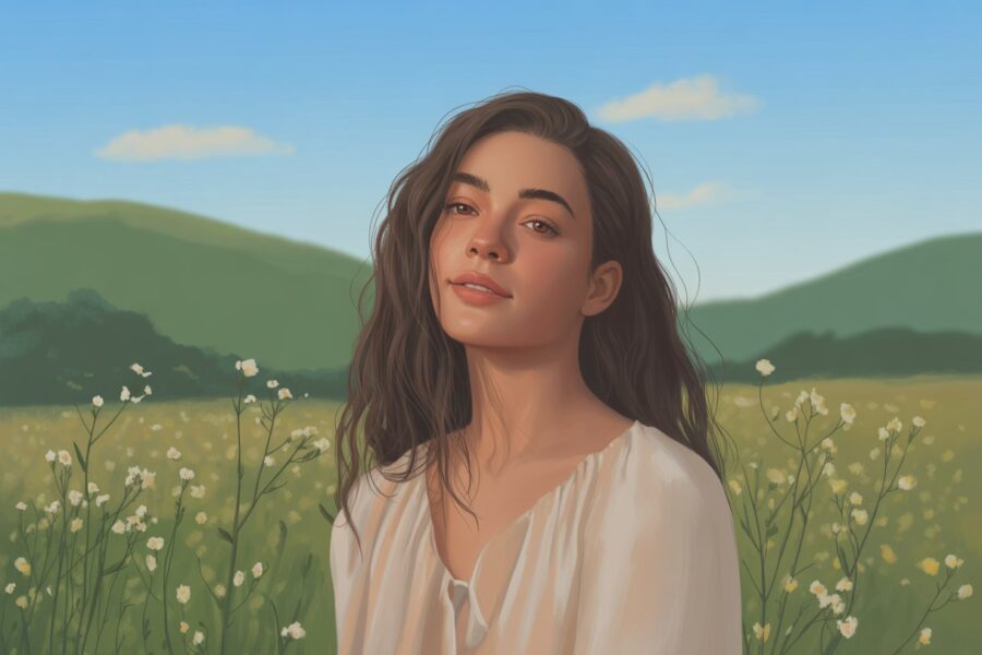 Retrato de uma mulher jovem em um campo florido sob um céu azul com nuvens, vestindo um vestido leve e esvoaçante.