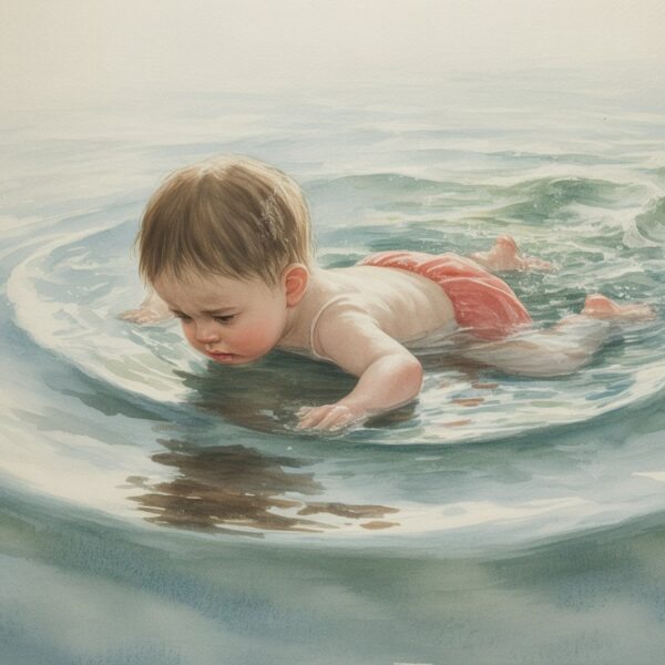 Uma criança pequena lutando na água, com expressão de aflição, rodeada por ondas suaves.