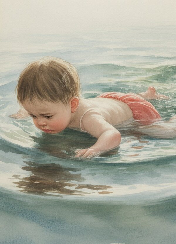 Uma criança pequena lutando na água, com expressão de aflição, rodeada por ondas suaves.