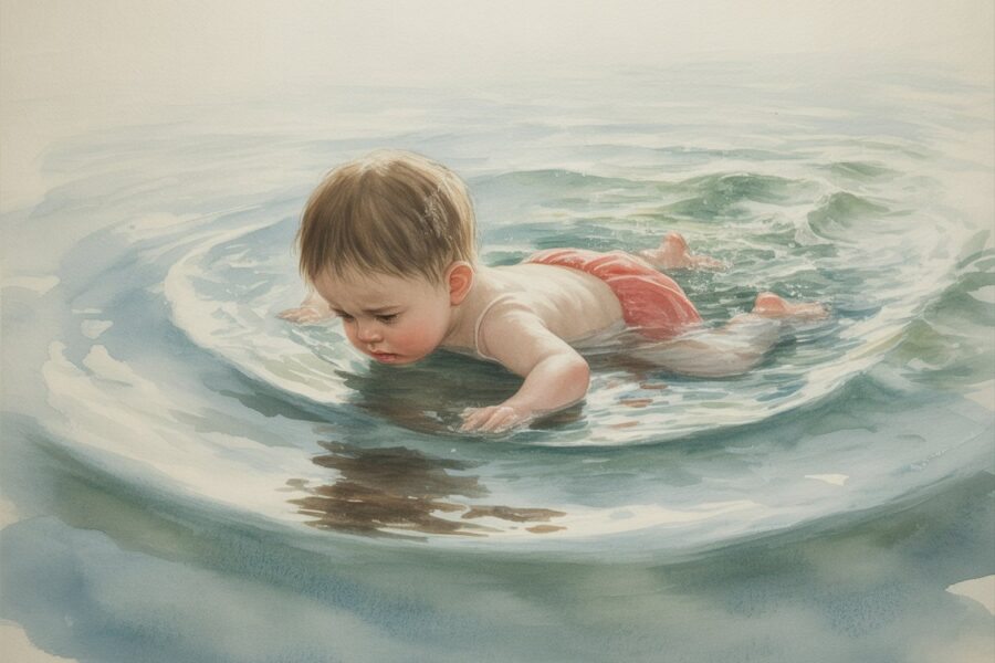 Uma criança pequena lutando na água, com expressão de aflição, rodeada por ondas suaves.
