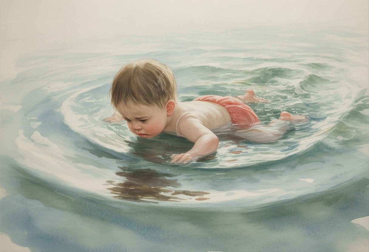 Uma criança pequena lutando na água, com expressão de aflição, rodeada por ondas suaves.