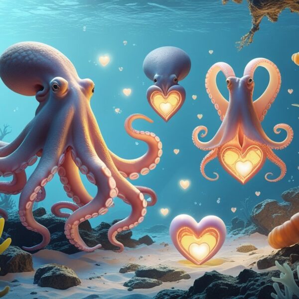 Ilustração mostrando um polvo, uma lula e uma minhoca com seus múltiplos corações destacados em seus corpos.