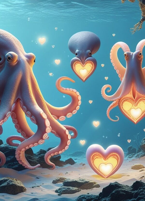 Ilustração mostrando um polvo, uma lula e uma minhoca com seus múltiplos corações destacados em seus corpos.