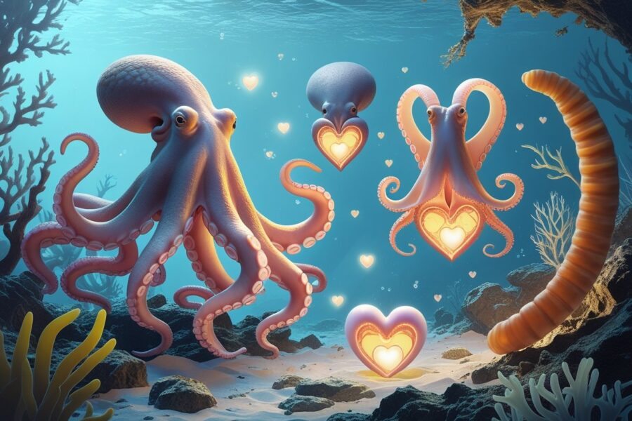 Ilustração mostrando um polvo, uma lula e uma minhoca com seus múltiplos corações destacados em seus corpos.