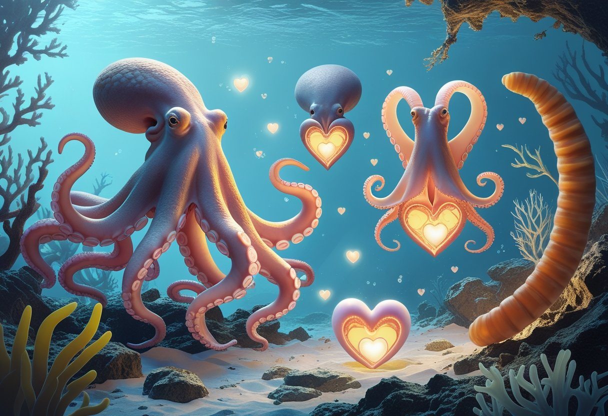Ilustração mostrando um polvo, uma lula e uma minhoca com seus múltiplos corações destacados em seus corpos.