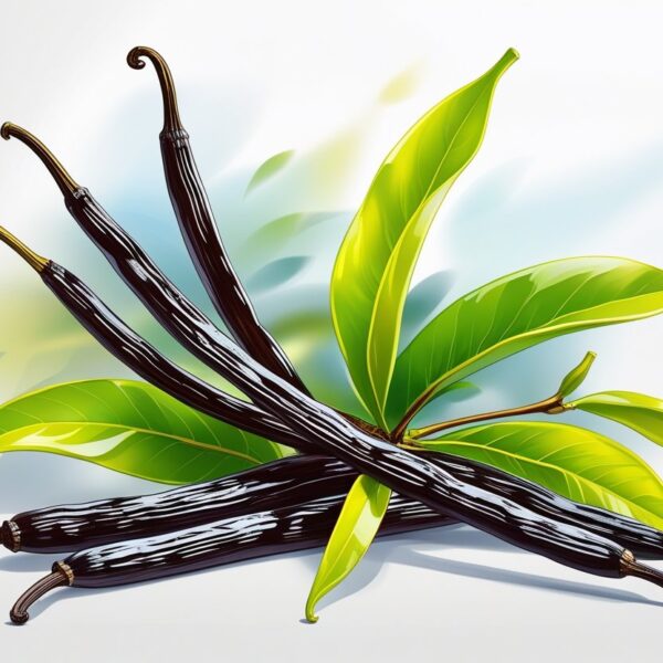 Ilustração de um cacho de favas de baunilha frescas com folhas verdes.