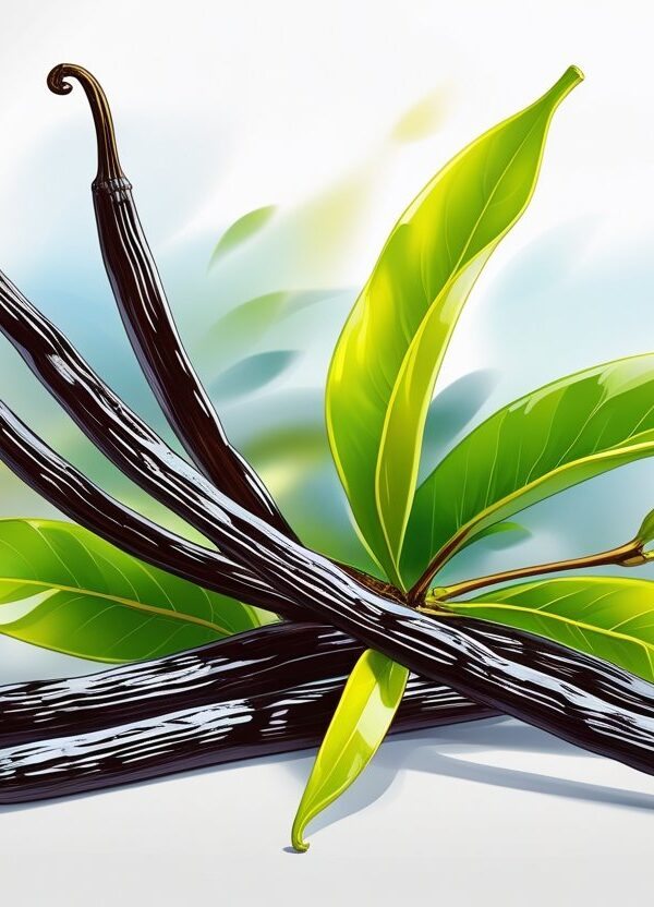 Ilustração de um cacho de favas de baunilha frescas com folhas verdes.