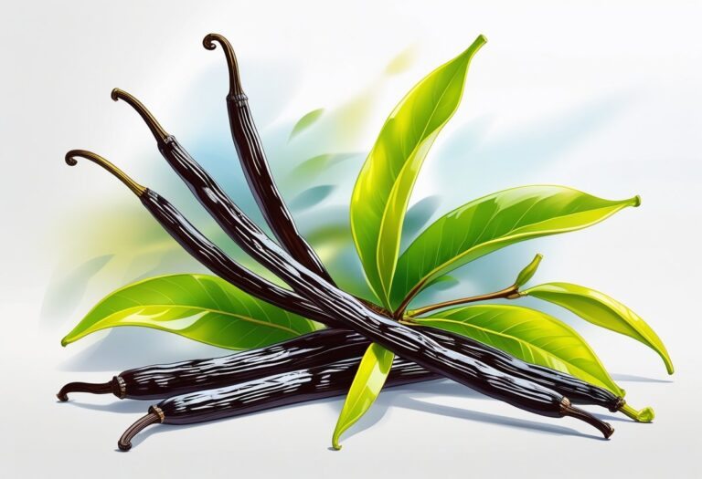 Ilustração de um cacho de favas de baunilha frescas com folhas verdes.