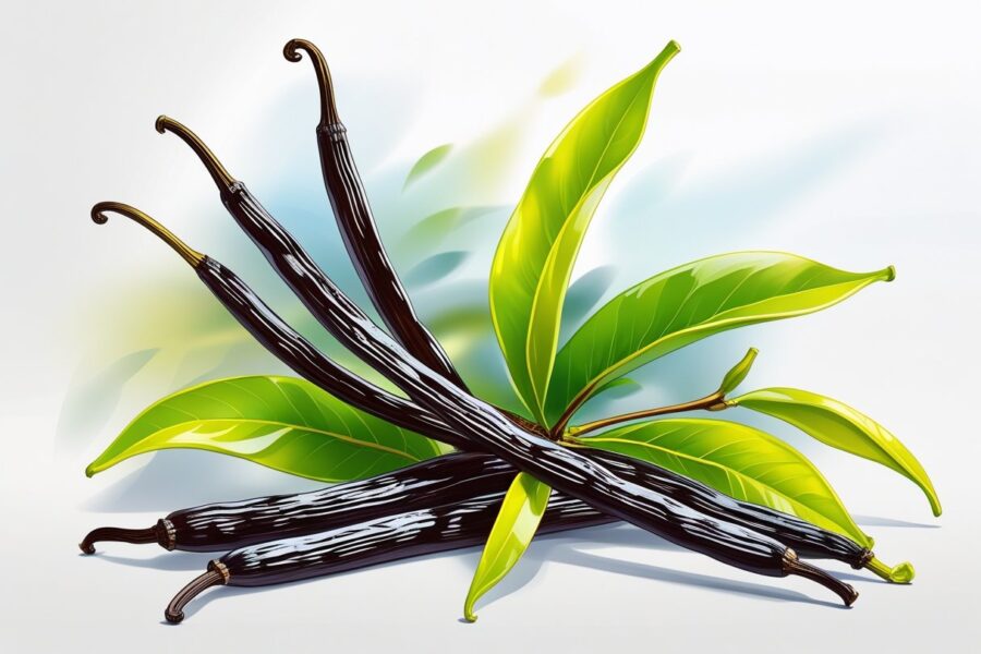 Ilustração de um cacho de favas de baunilha frescas com folhas verdes.