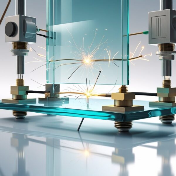 Ilustração mostrando um pedaço de vidro entre dois eletrodos elétricos, com símbolos de eletricidade sendo bloqueados pelo vidro.